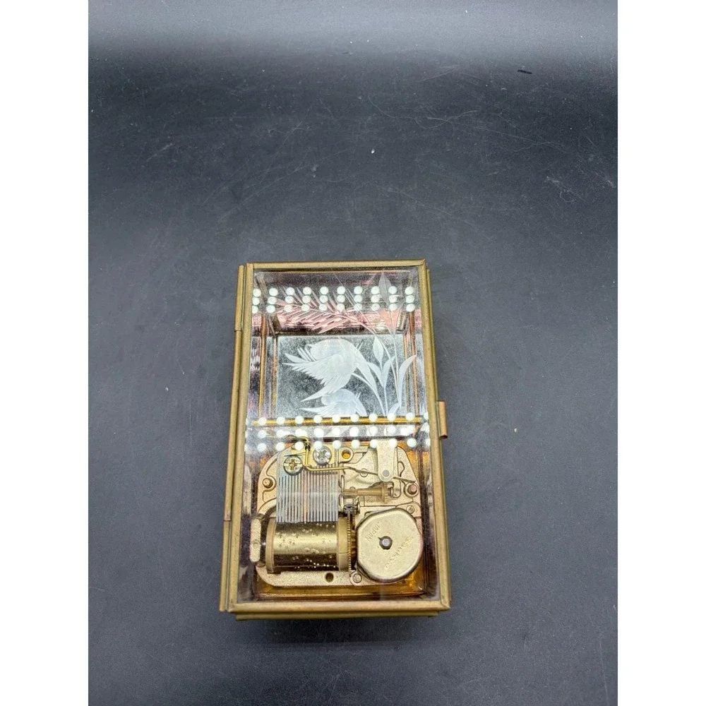 Vintage Sankyo Glass Brass Music Box Etched Bird Pink Rose Send in the Clowns